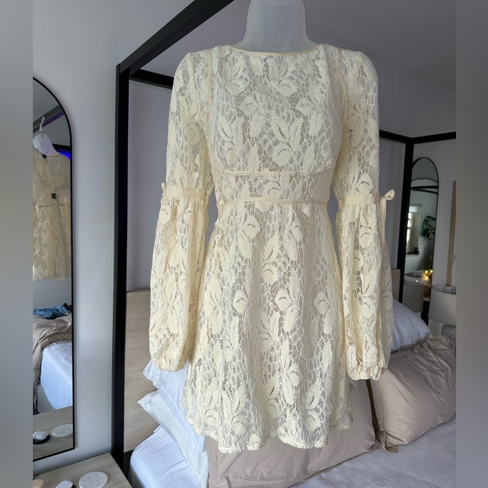 Free People Ruby Mini Lace Oversized Sheath Cottagecore Dress in Ivory, Large - Picture 4 of 12